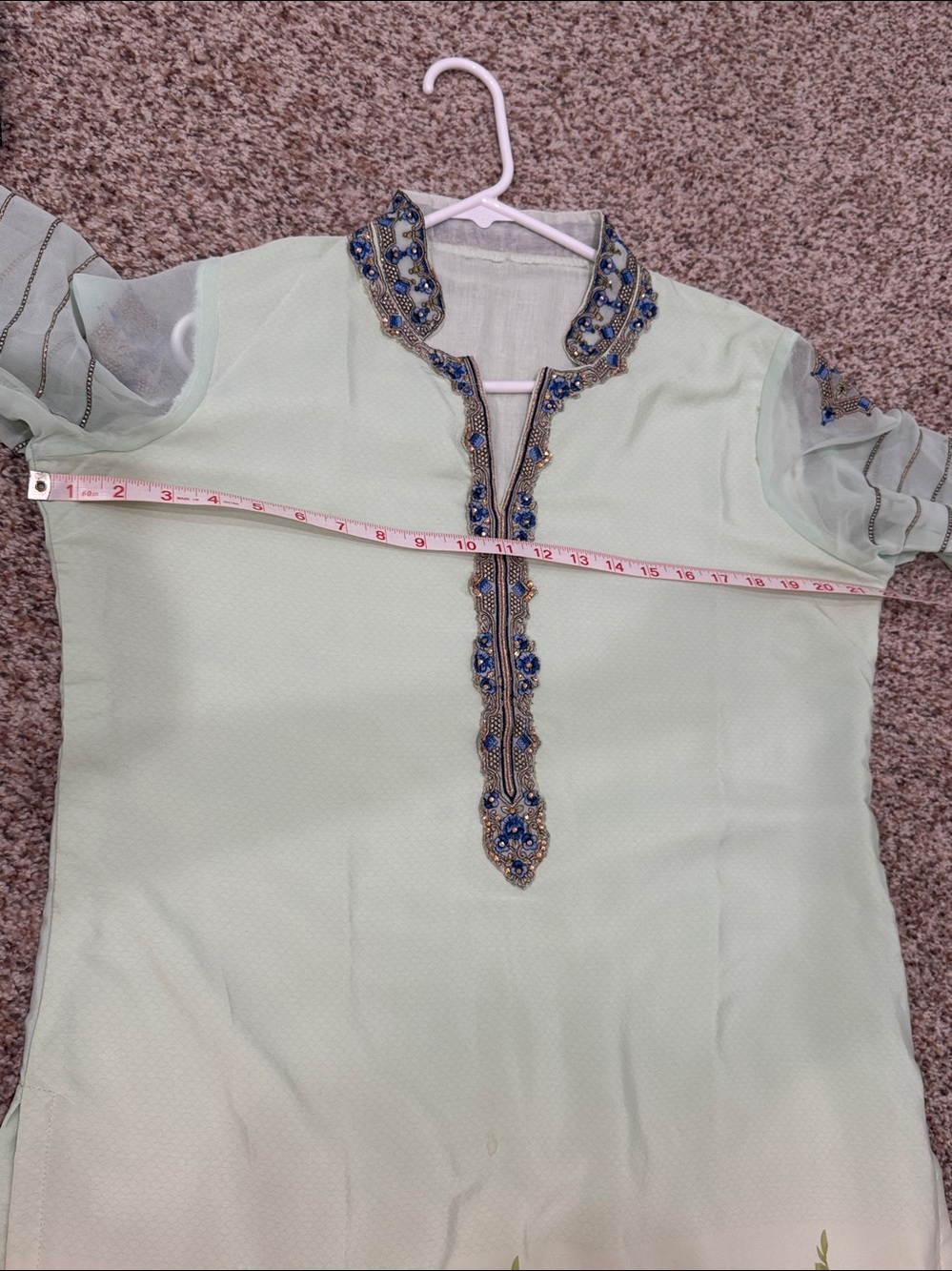3 piece Light Green Floral Embroidered Salwar Kameez with pant and Dupatta - Picture 11 of 16